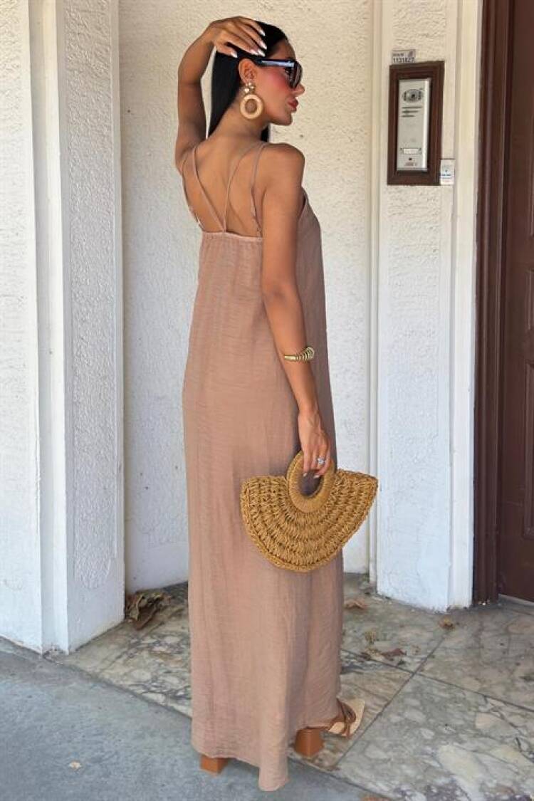 Beige Elegant Slip Dress With V-Neck