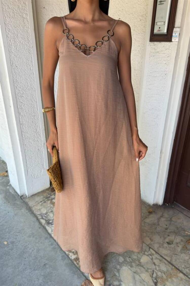 Beige Elegant Slip Dress With V-Neck