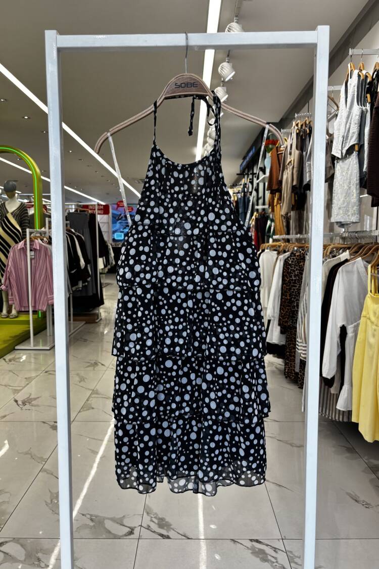 Black Babydoll Mini Dress With Polka Dot Pattern