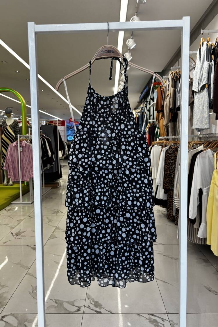 Black Babydoll Mini Dress With Polka Dot Pattern