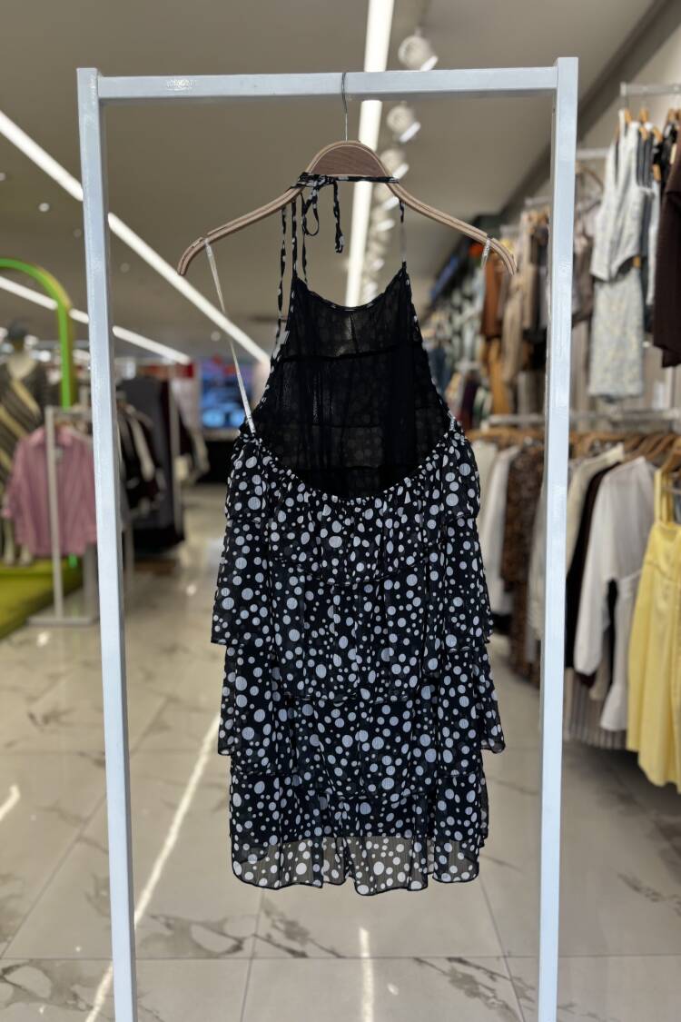 Black Babydoll Mini Dress With Polka Dot Pattern