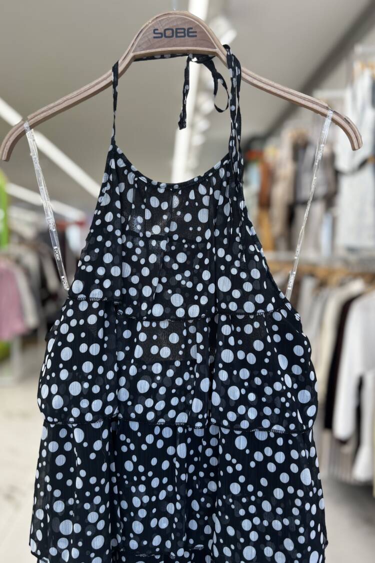 Black Babydoll Mini Dress With Polka Dot Pattern