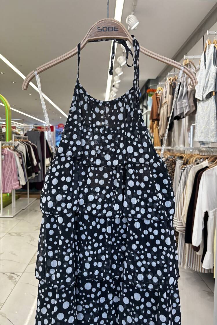 Black Babydoll Mini Dress With Polka Dot Pattern