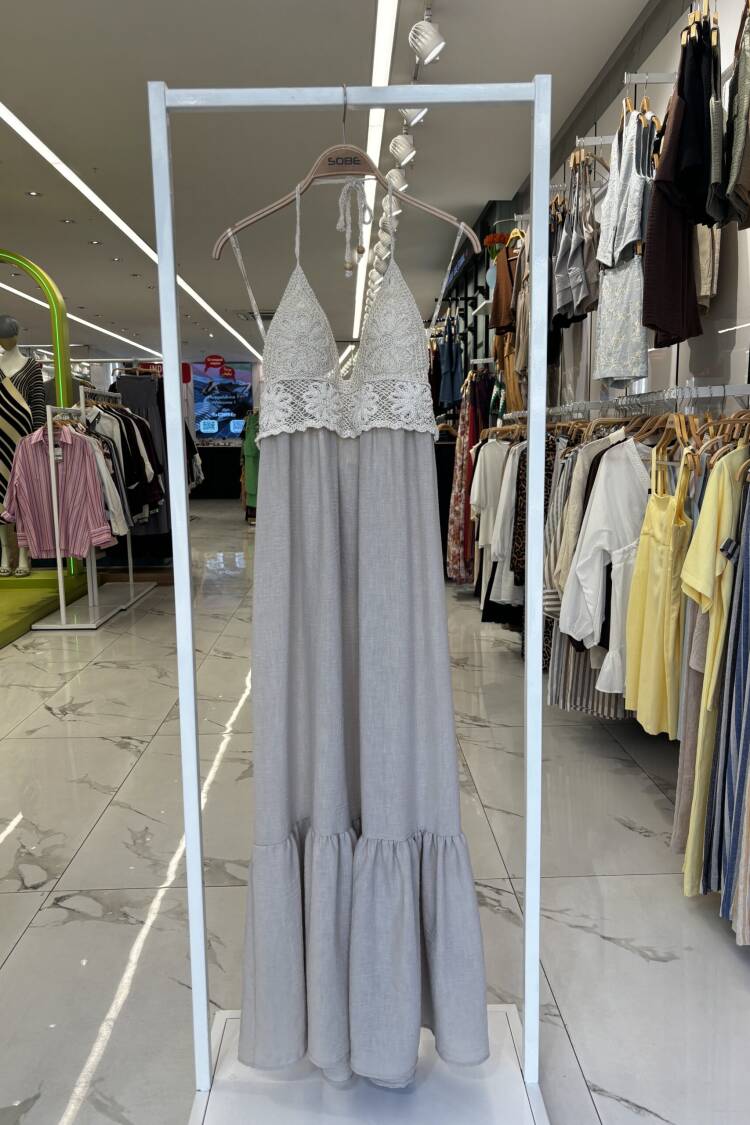 Beige Boho Elegant Maxi Slip Dress With Halter Neck And Cap Sleeve
