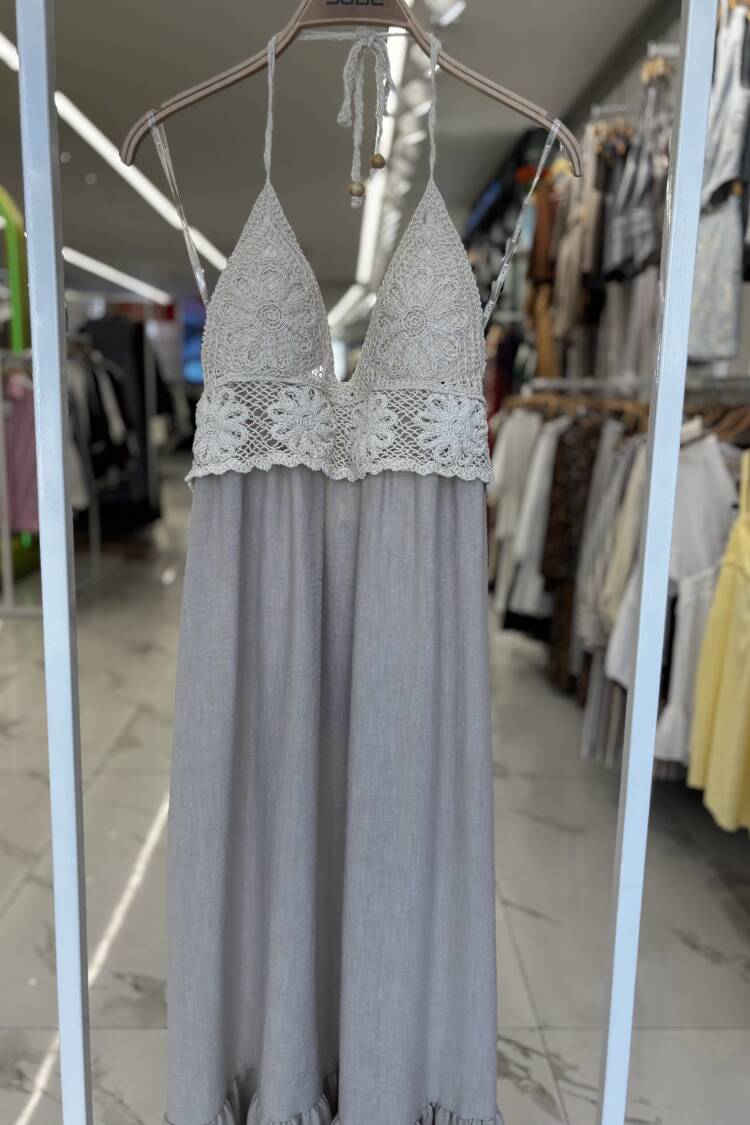 Beige Boho Elegant Maxi Slip Dress With Halter Neck And Cap Sleeve