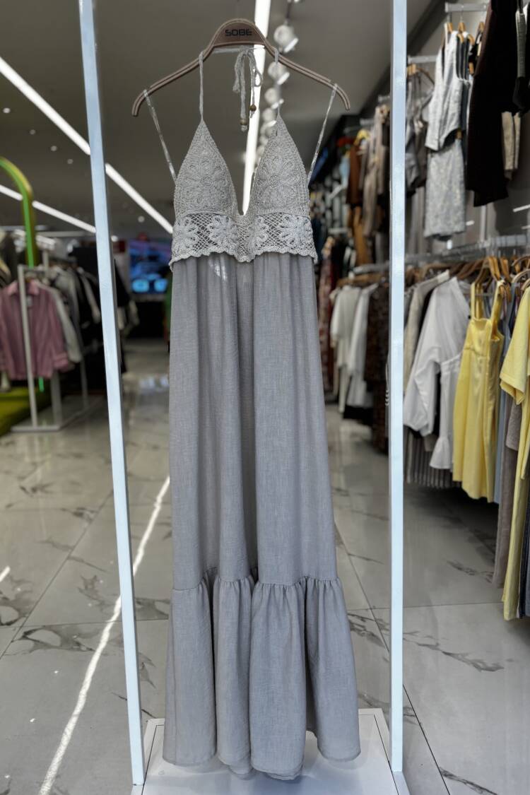 Beige Boho Elegant Maxi Slip Dress With Halter Neck And Cap Sleeve