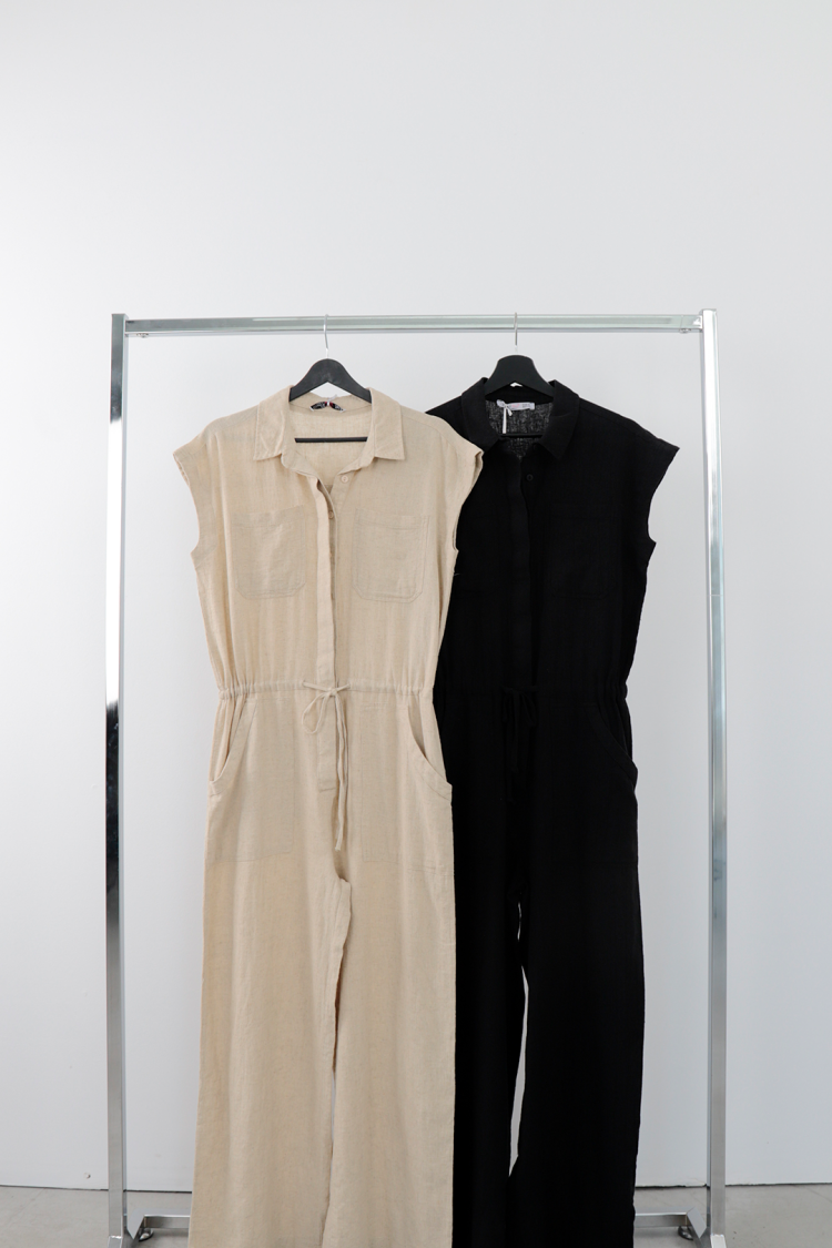 Shirt Jumpsuit With Notched Neck And Cap Sleeves