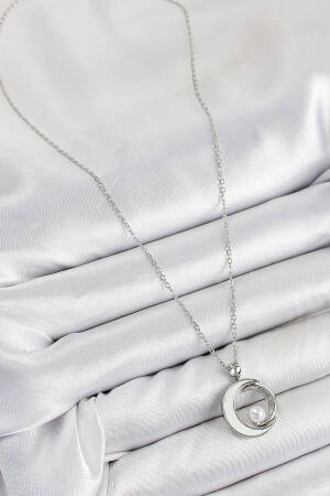 316l Steel Zircon Stone Pearl Detailed Crescent Model Silver Color Women Necklace - Brand: Ebijuteri - Women's Clothing Wholesale - Globality Store