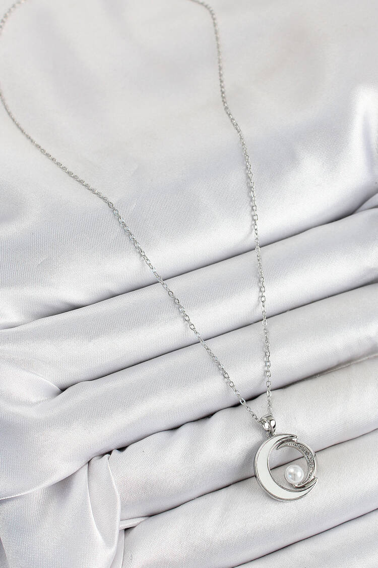 316l Steel Zircon Stone Pearl Detailed Crescent Model Silver Color Women Necklace