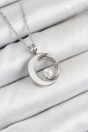 316l Steel Zircon Stone Pearl Detailed Crescent Model Silver Color Women Necklace - Brand: Ebijuteri - Women's Clothing Wholesale - Globality Store