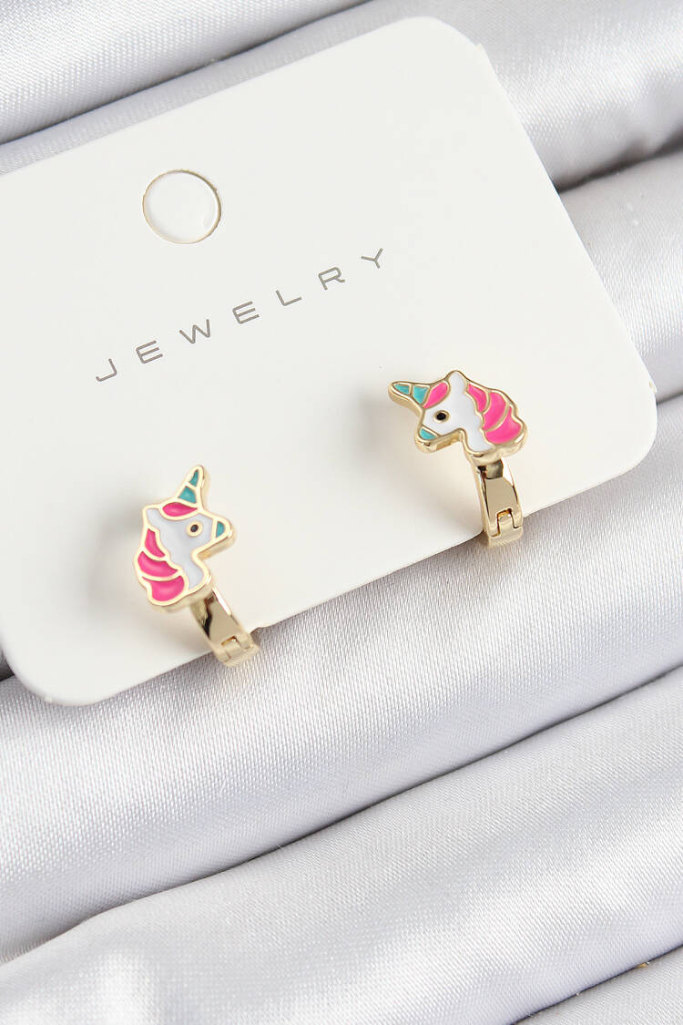 Brass Unicorn Model Gold Color Kids Earrings - Brand: Ebijuteri - Women's Clothing Wholesale - Globality Store