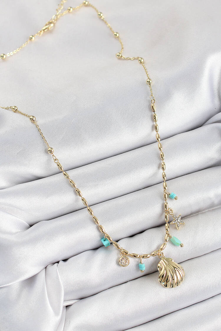 Brass Zircon Stone Sea Shell Pattern Gold Color Women Necklace