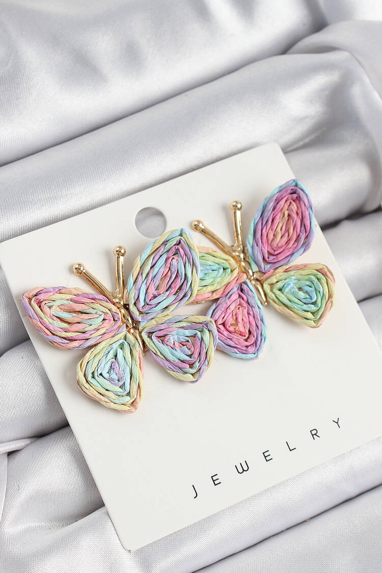 Brass Rainbow Butterfly Pattern Gold Color Women Straw Earrings - Brand: Ebijuteri - Women's Clothing Wholesale - Globality Store