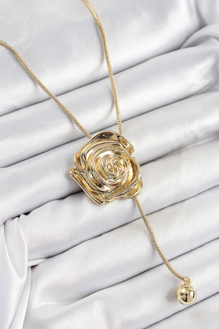 Brass Elevator Rose Model Gold Color Women Necklace - Brand: Ebijuteri - Women's Clothing Wholesale - Globality Store
