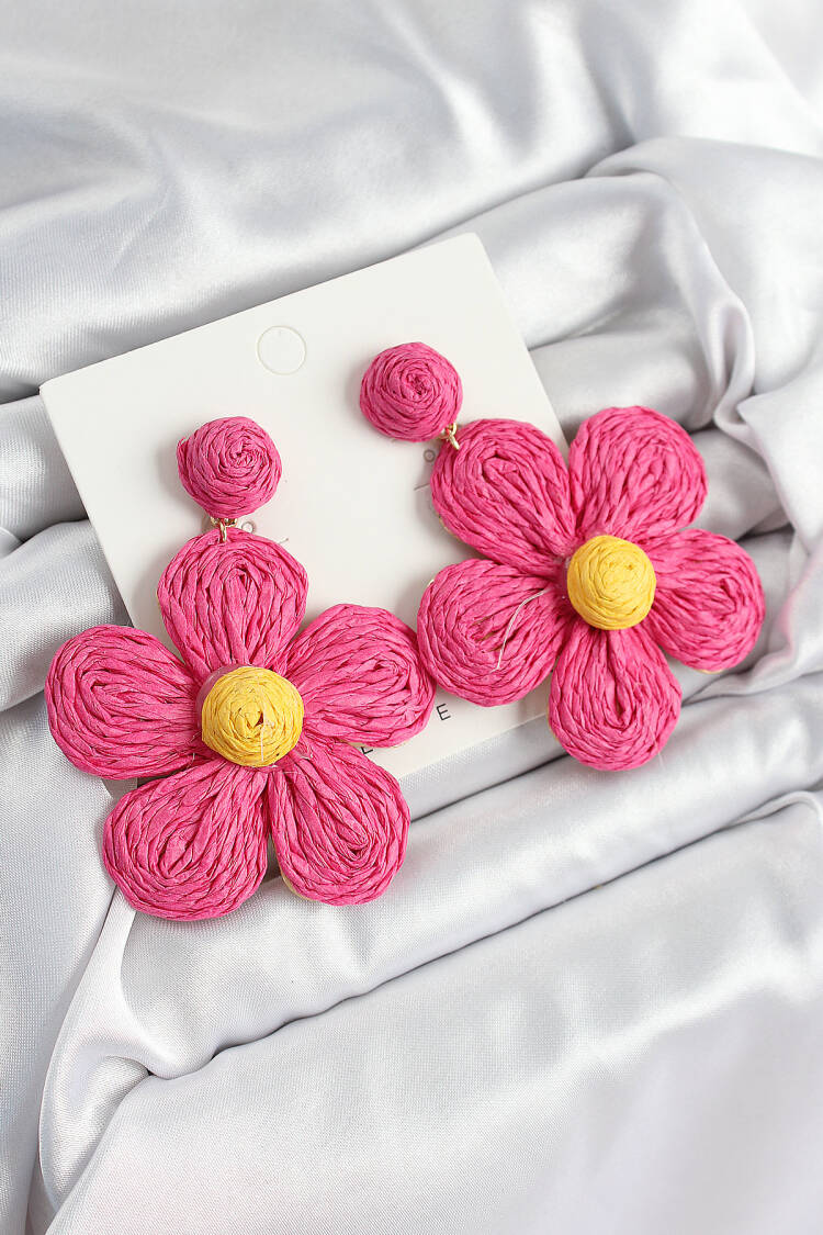 Brass Pink Daisy Model Gold Color Women Straw Earrings - Brand: Ebijuteri - Women's Clothing Wholesale - Globality Store
