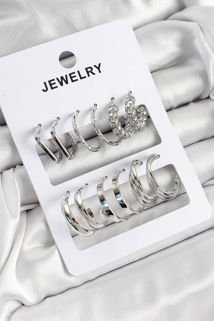 Brass Mixed Ring Pattern Silver Color 6 Pair Women Earrings Set - Brand: Ebijuteri - Women's Clothing Wholesale - Globality Store
