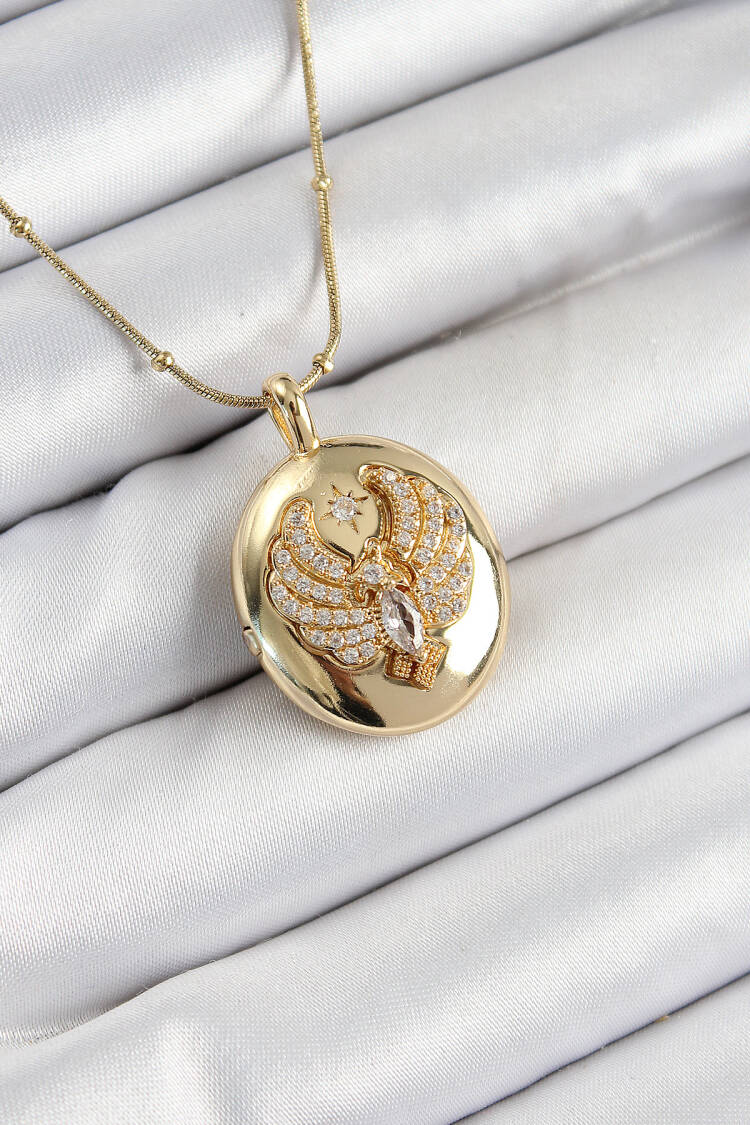 316l Steel Chain Openable Phoenix Model Zircon Stone Gold Color Women Necklace - Brand: Ebijuteri - Women's Clothing Wholesale - Globality Store