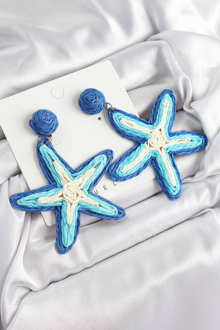 Brass Blue Starfish Model Gold Color Women Straw Earrings - Brand: Ebijuteri - Women's Clothing Wholesale - Globality Store