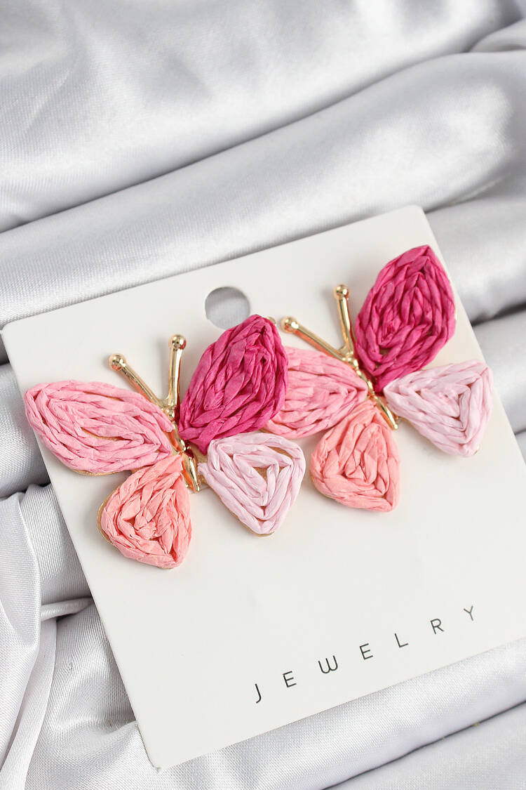 Brass Pink Butterfly Pattern Gold Color Women Straw Earrings - Brand: Ebijuteri - Women's Clothing Wholesale - Globality Store