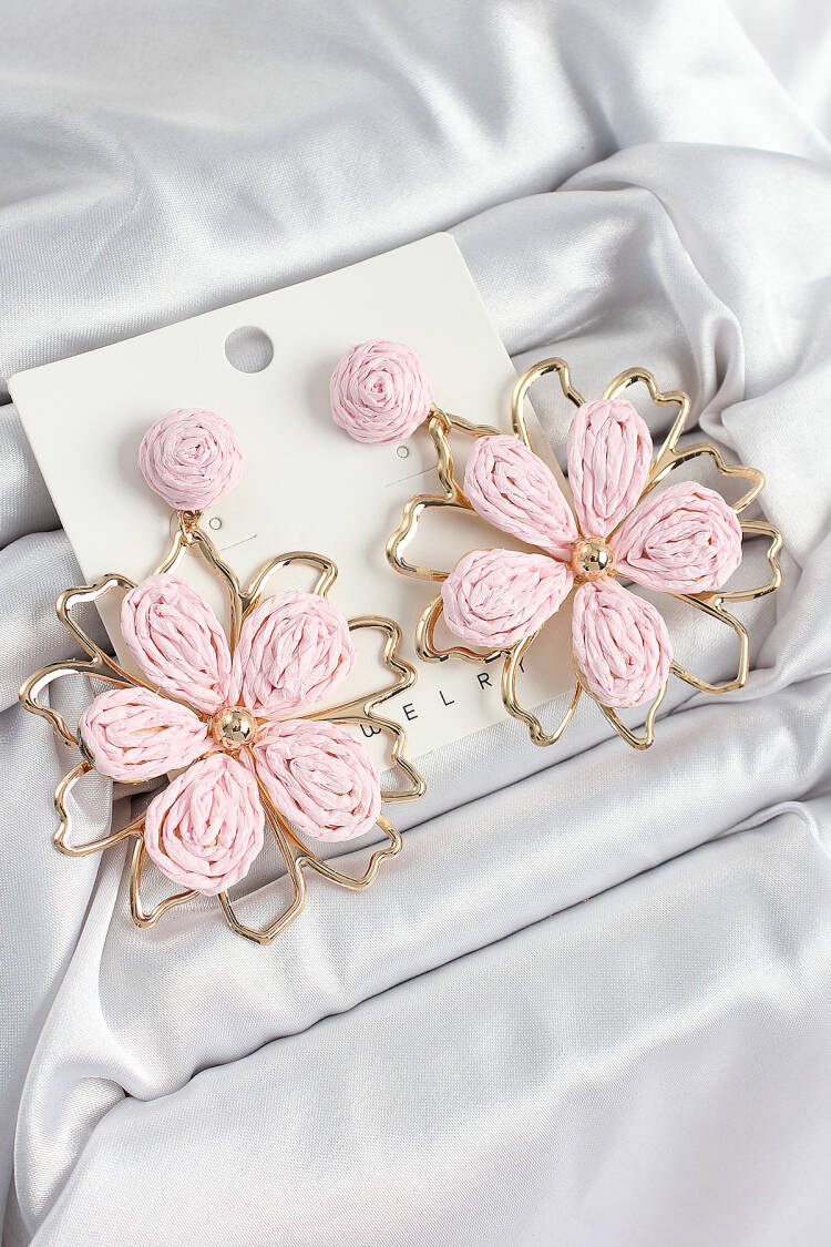 Brass Pink Flower Pattern Gold Color Women Straw Earrings - Brand: Ebijuteri - Women's Clothing Wholesale - Globality Store