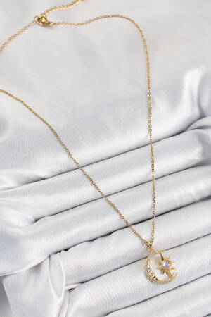 316l Steel Zircon Stone Pole Starry Crescent Model Gold Color Women Necklace - Brand: Ebijuteri - Women's Clothing Wholesale - Globality Store