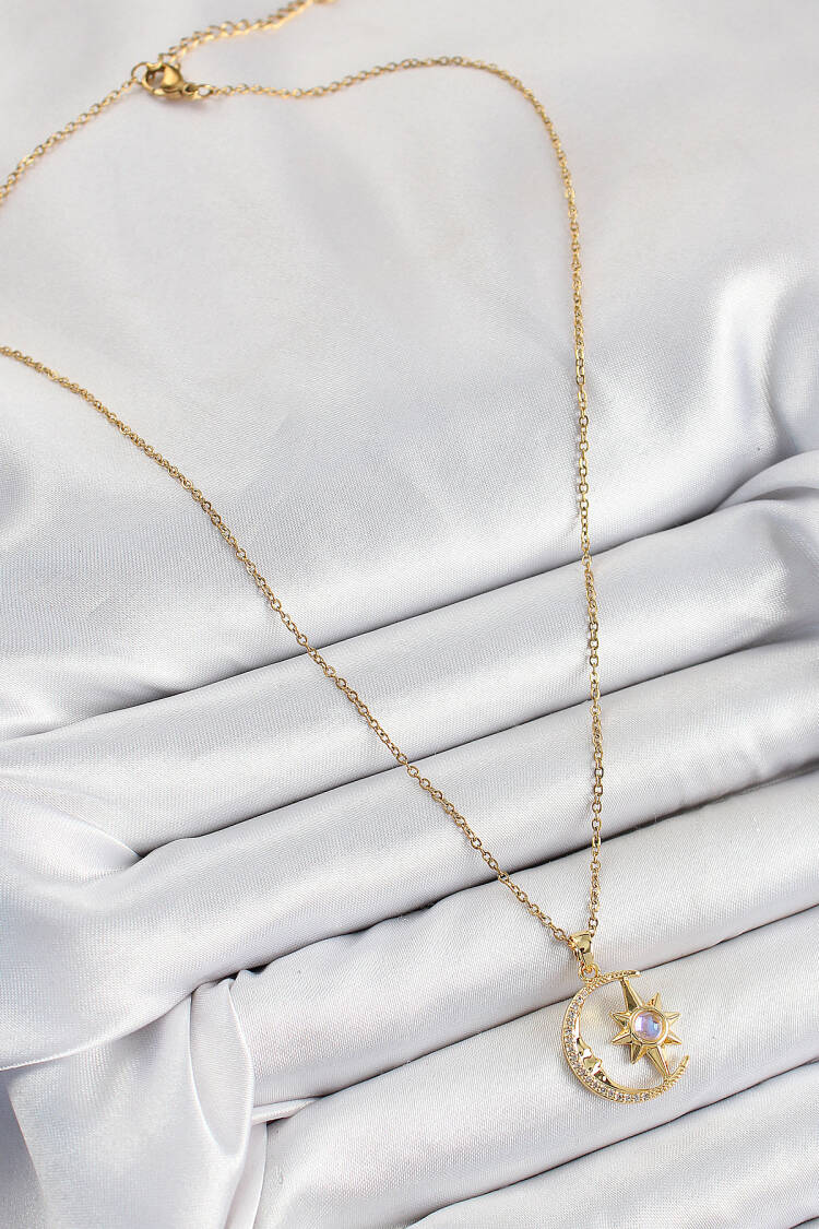 316l Steel Zircon Stone Pole Starry Crescent Model Gold Color Women Necklace