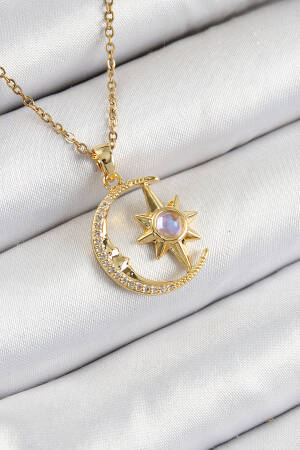 316l Steel Zircon Stone Pole Starry Crescent Model Gold Color Women Necklace - Brand: Ebijuteri - Women's Clothing Wholesale - Globality Store