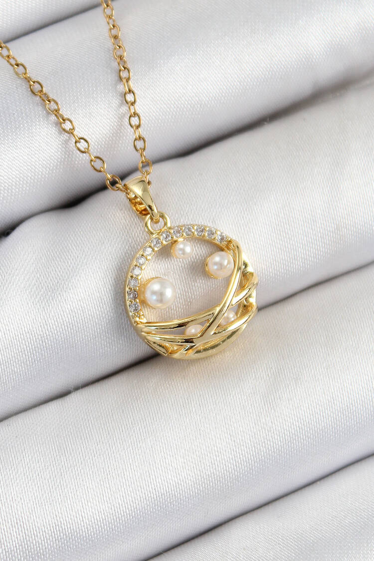 316l Steel Zircon Stone Pearl Detailed Ring Model Gold Color Women Necklace - Brand: Ebijuteri - Women's Clothing Wholesale - Globality Store