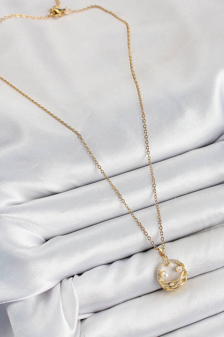 316l Steel Zircon Stone Pearl Detailed Ring Model Gold Color Women Necklace