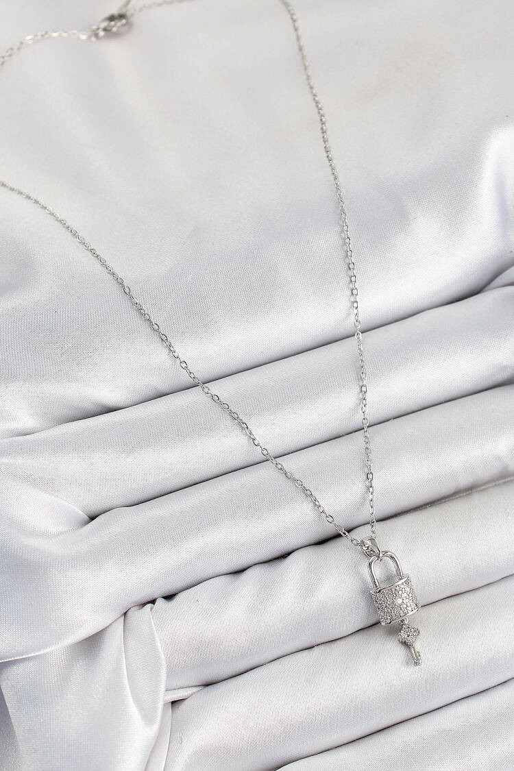 316l Steel Zircon Stone Lock And Rocking Key Model Silver Color Women Necklace