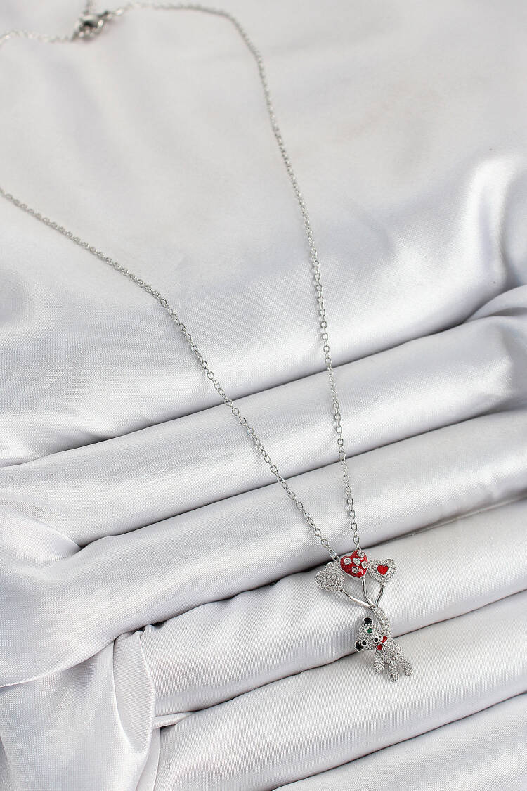 316l Steel Zircon Stone Flying Balloon Teddy Bear Pattern Silver Color Women Necklace
