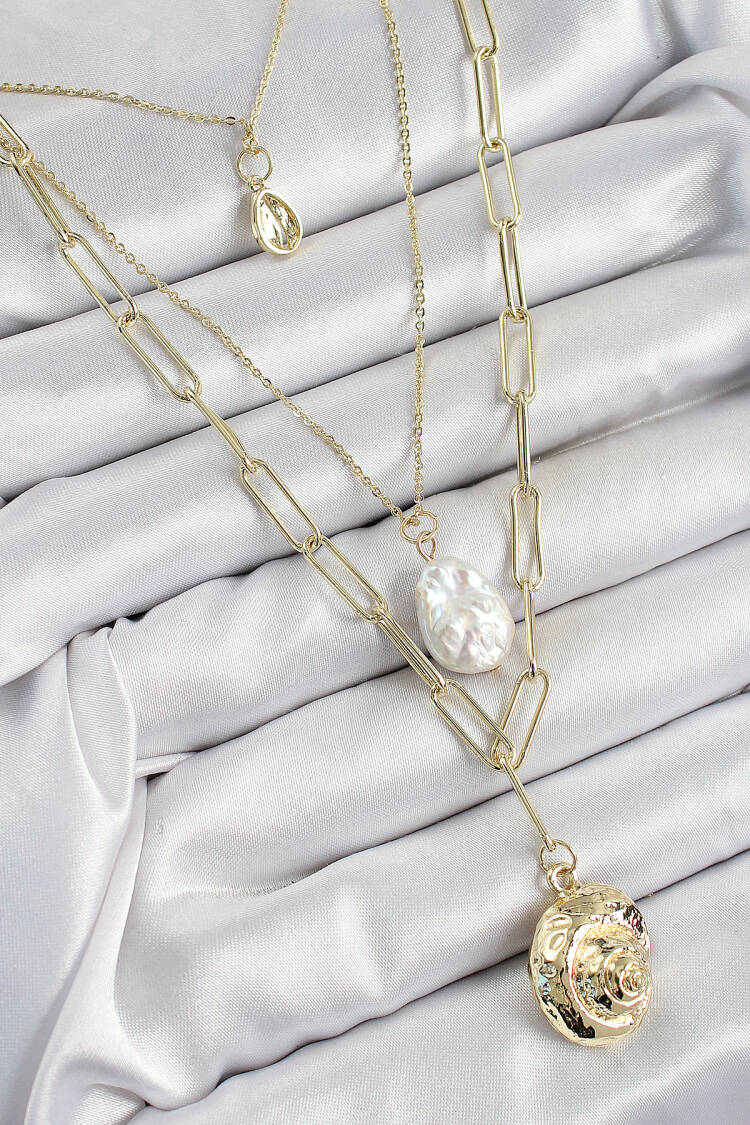 Brass Multiple Chain Pearl Seashells Pattern Gold Color Women Necklace