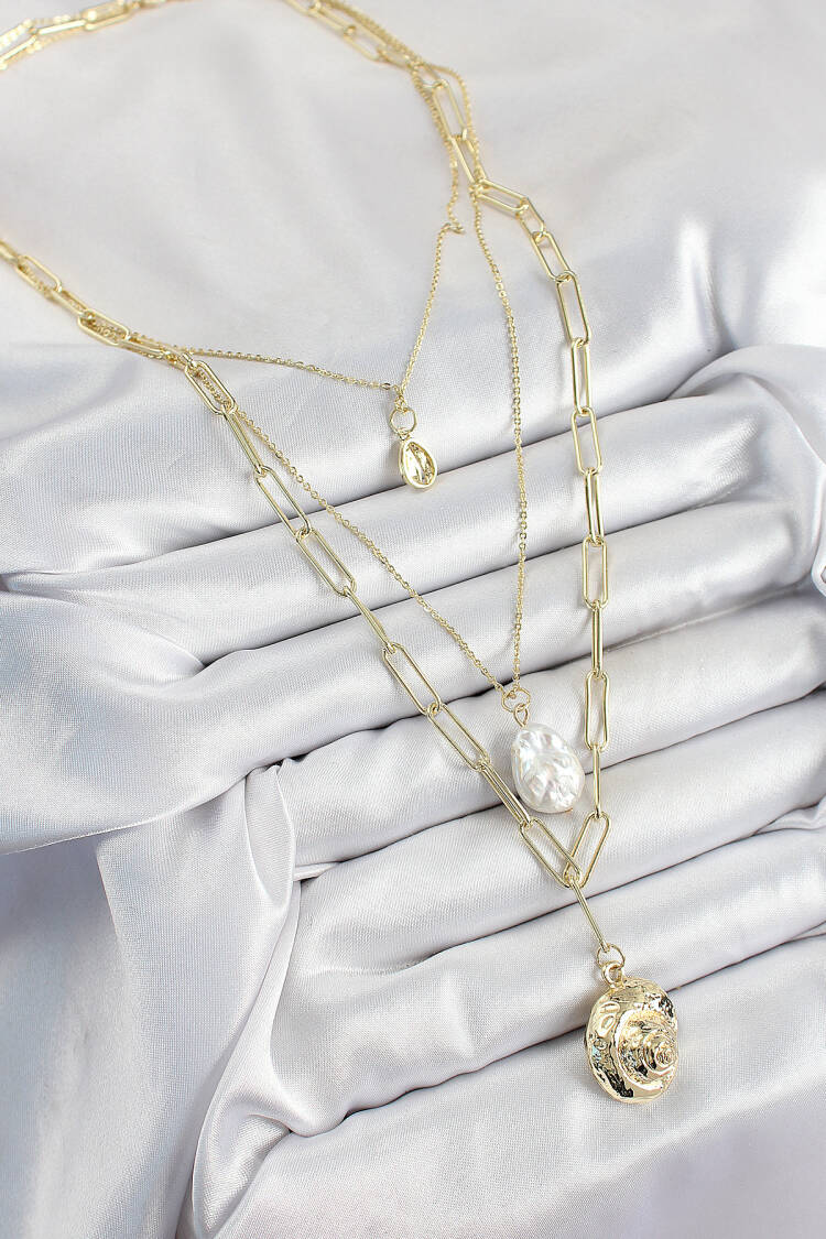 Brass Multiple Chain Pearl Seashells Pattern Gold Color Women Necklace