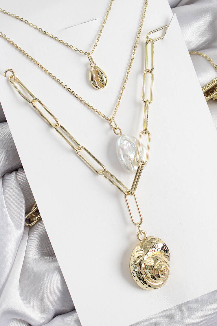 Brass Multiple Chain Pearl Seashells Pattern Gold Color Women Necklace - Brand: Ebijuteri - Women's Clothing Wholesale - Globality Store