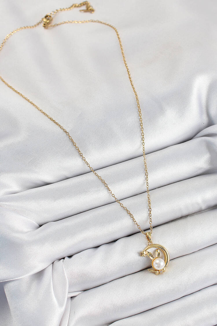 316l Steel Pearl Detailed Crescent Rabbit Model Gold Color Women Necklace