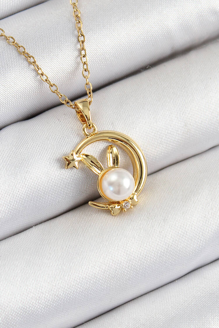 316l Steel Pearl Detailed Crescent Rabbit Model Gold Color Women Necklace - Brand: Ebijuteri - Women's Clothing Wholesale - Globality Store