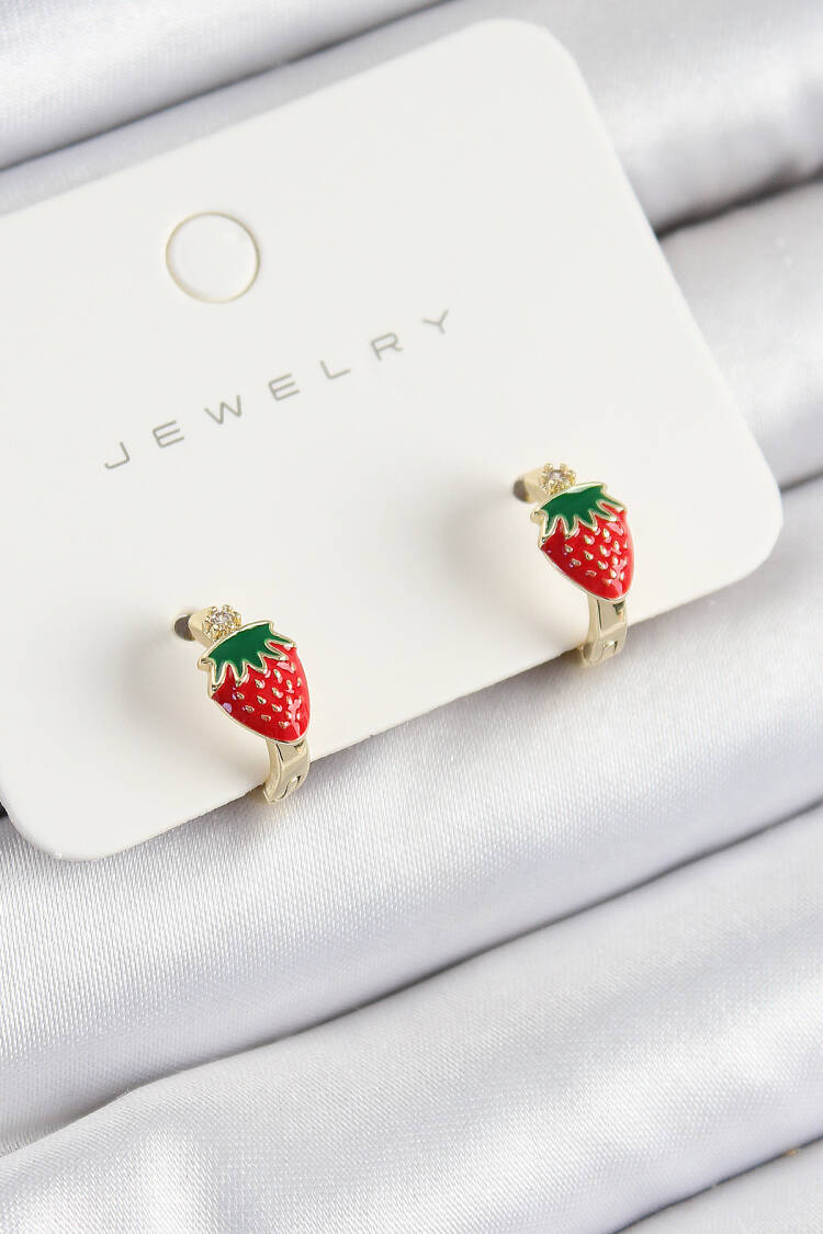 Brass Strawberry Model Gold Color Kids Earrings - Brand: Ebijuteri - Women's Clothing Wholesale - Globality Store