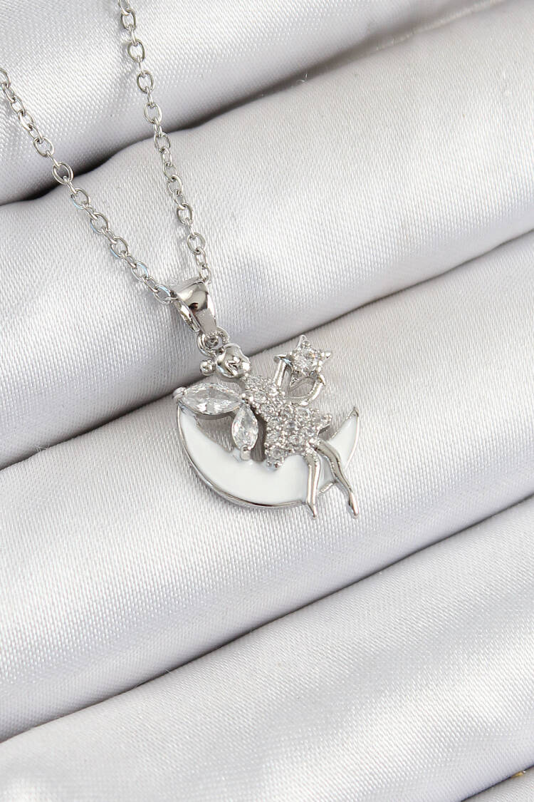 316l Steel Zircon Stone Crescent Angel Model Silver Color Women Necklace - Brand: Ebijuteri - Women's Clothing Wholesale - Globality Store