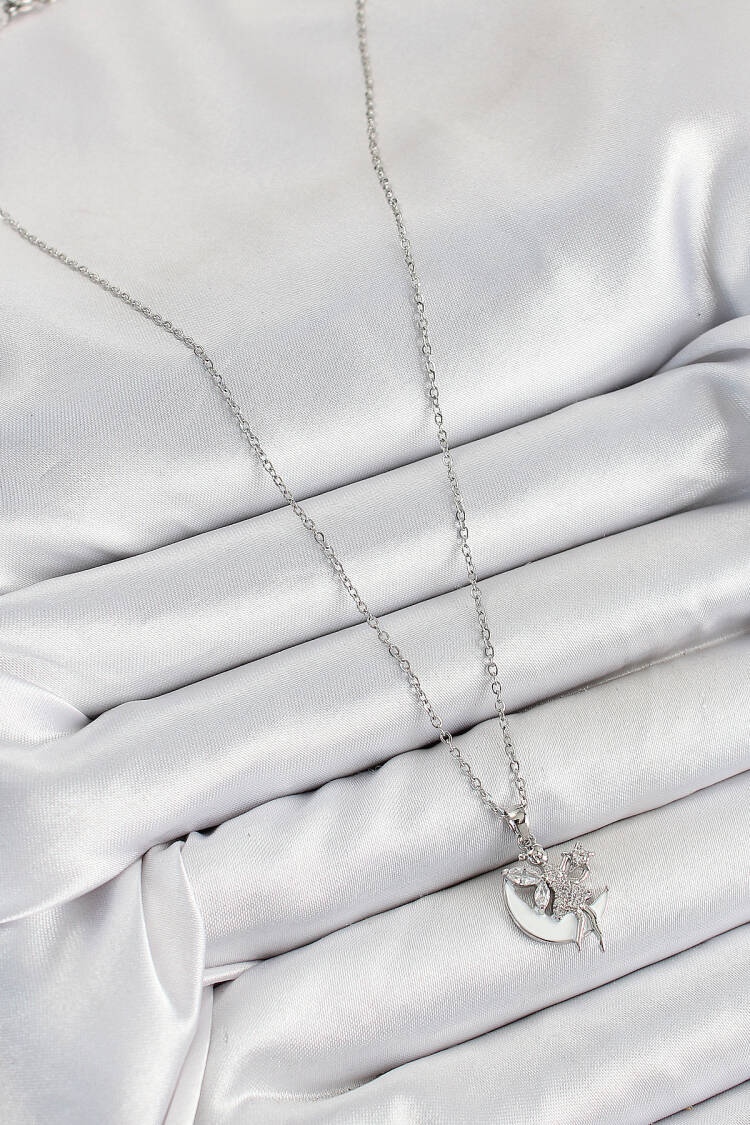 316l Steel Zircon Stone Crescent Angel Model Silver Color Women Necklace