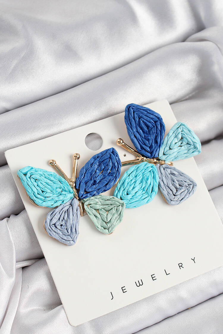 Brass Blue Butterfly Pattern Gold Color Women Straw Earrings - Brand: Ebijuteri - Women's Clothing Wholesale - Globality Store