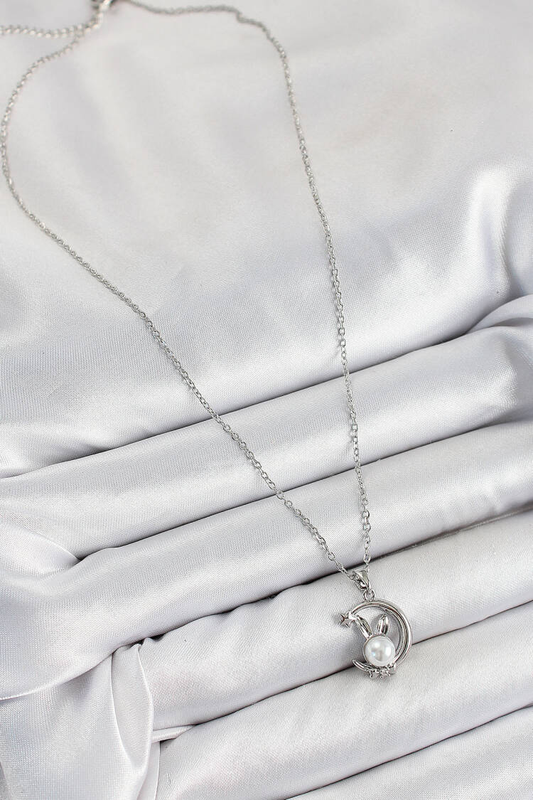 316l Steel Pearl Detailed Crescent Rabbit Model Silver Color Women Necklace