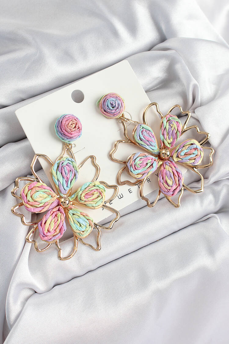 Brass Rainbow Flower Pattern Gold Color Women Straw Earrings - Brand: Ebijuteri - Women's Clothing Wholesale - Globality Store