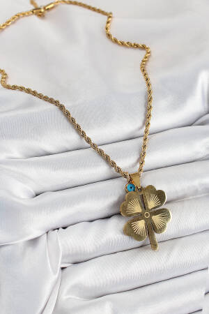 316l Steel Auger Chain Evil Eye Detailed Clover Model Gold Color Women Necklace - Brand: Ebijuteri - Women's Clothing Wholesale - Globality Store