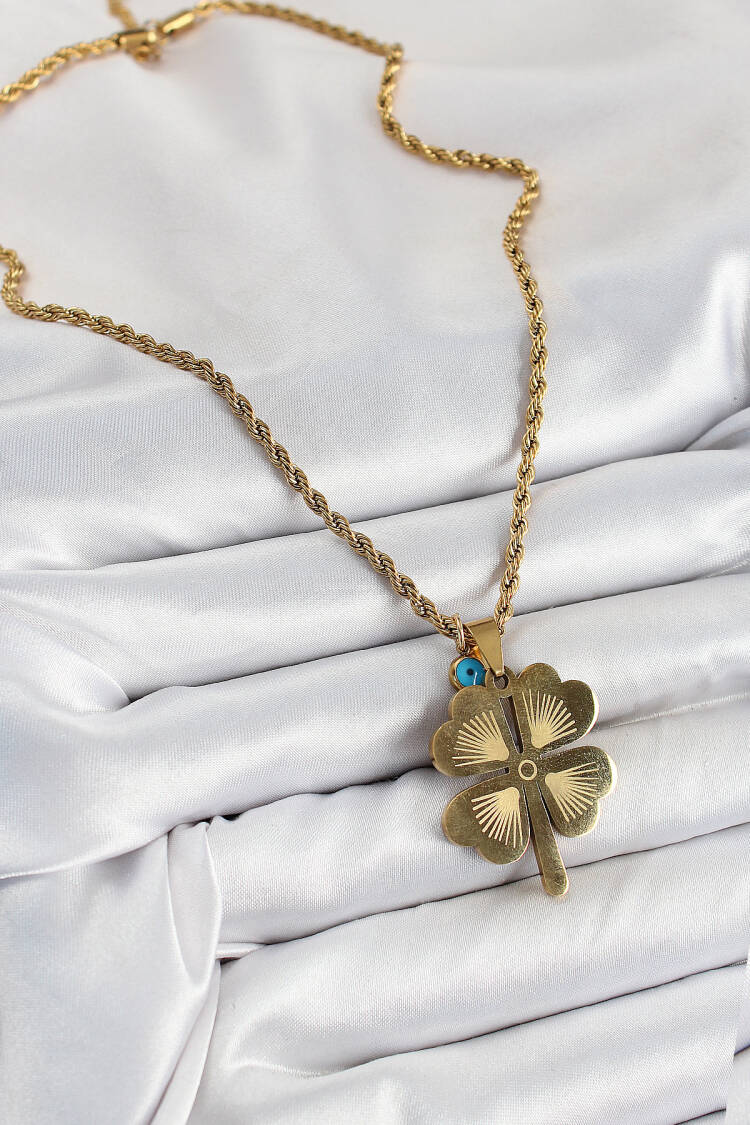 316l Steel Auger Chain Evil Eye Detailed Clover Model Gold Color Women Necklace
