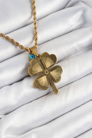 316l Steel Auger Chain Evil Eye Detailed Clover Model Gold Color Women Necklace - Brand: Ebijuteri - Women's Clothing Wholesale - Globality Store