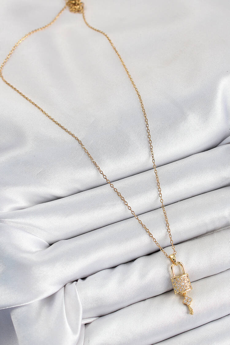 316l Steel Zircon Stone Lock And Rocking Key Model Gold Color Women Necklace