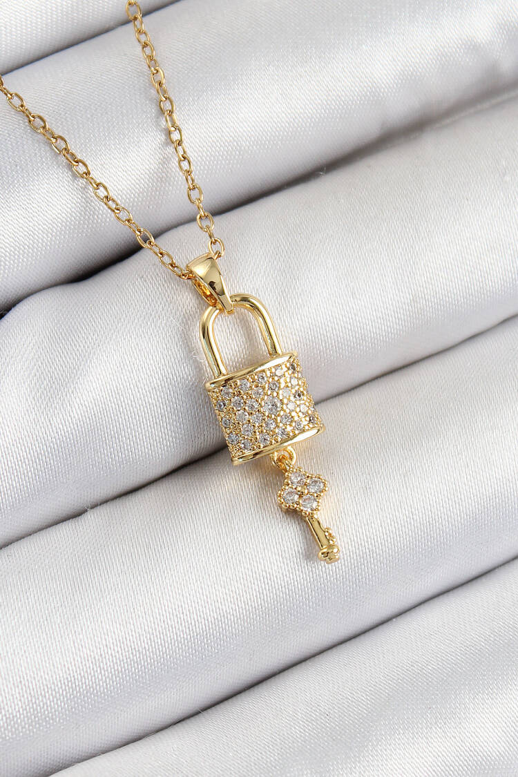 316l Steel Zircon Stone Lock And Rocking Key Model Gold Color Women Necklace - Brand: Ebijuteri - Women's Clothing Wholesale - Globality Store