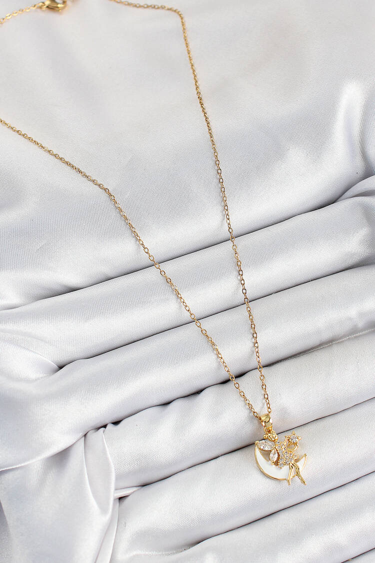 316l Steel Zircon Stone Crescent Angel Model Gold Color Women Necklace