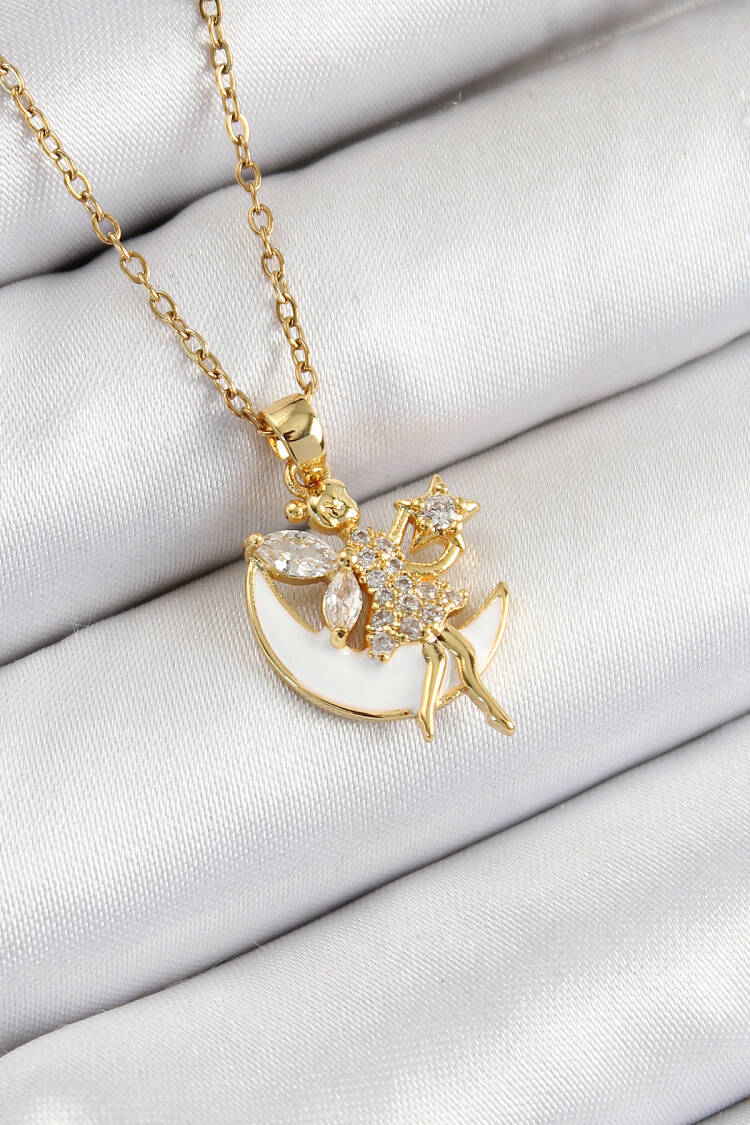 316l Steel Zircon Stone Crescent Angel Model Gold Color Women Necklace - Brand: Ebijuteri - Women's Clothing Wholesale - Globality Store