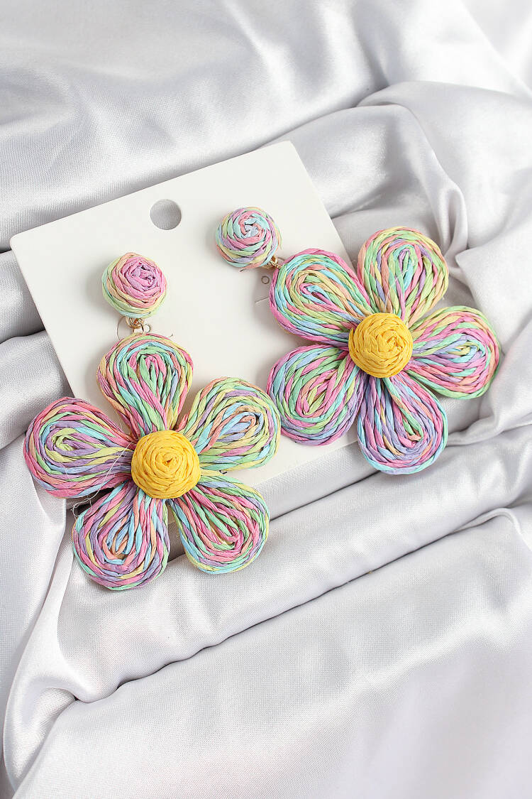 Brass Rainbow Daisy Pattern Gold Color Women Straw Earrings - Brand: Ebijuteri - Women's Clothing Wholesale - Globality Store